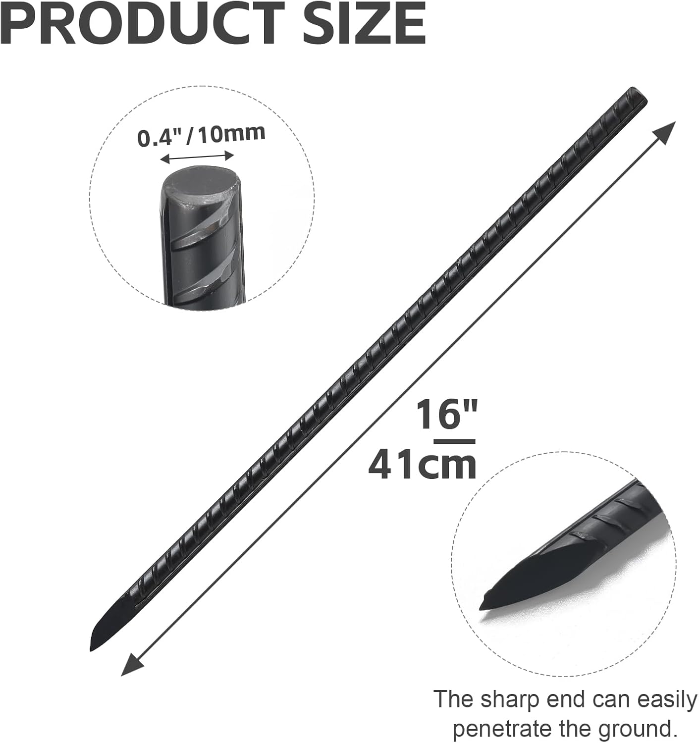 Rebar Stakes 16 Inch, 10 Pack Ground Stakes Heavy Duty with Chisel Point, Straight Metal Stakes for