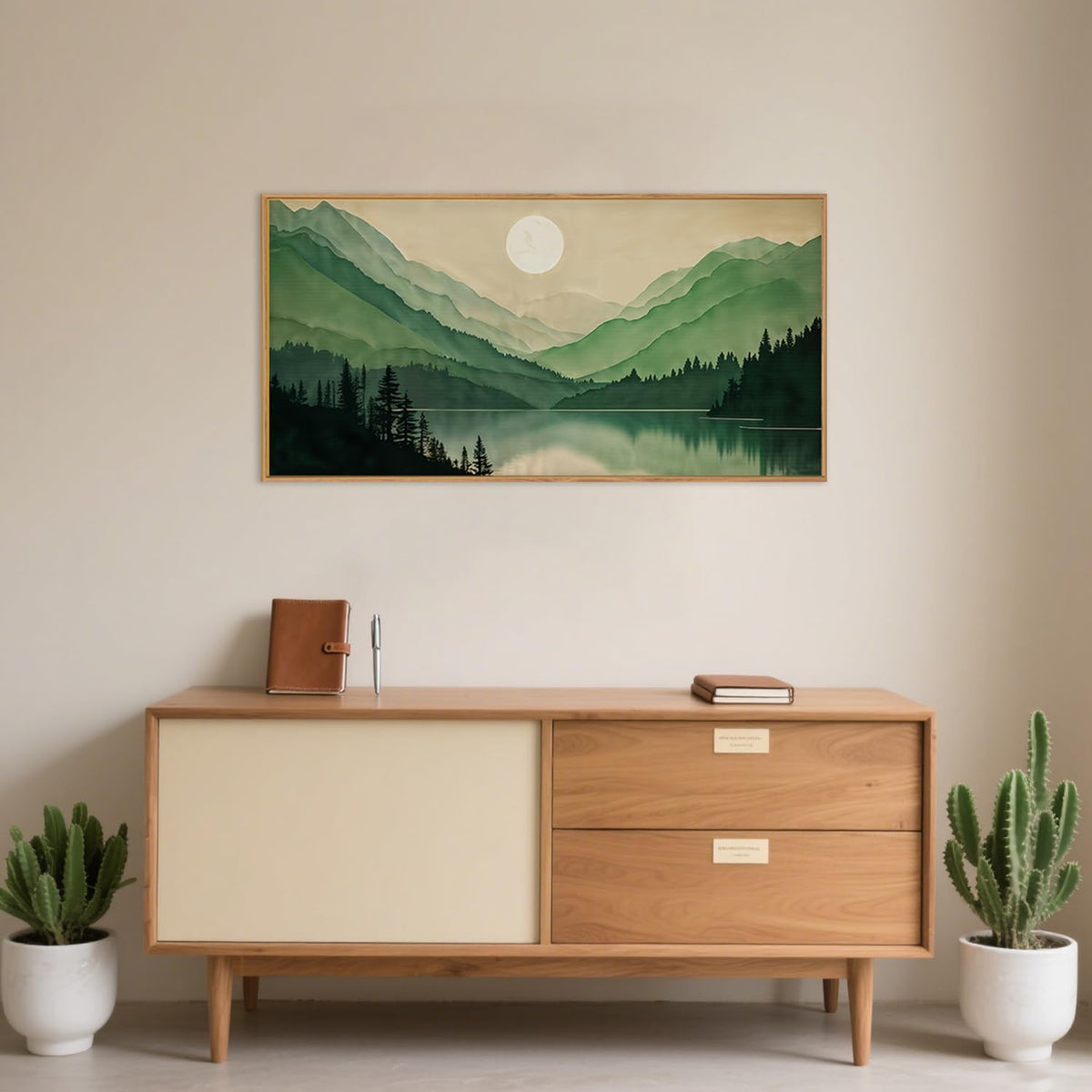 Celestdeco Watercolor Mountain Framed Canvas Wall Art Set, Boho Sun Forest Wall Decor, Green