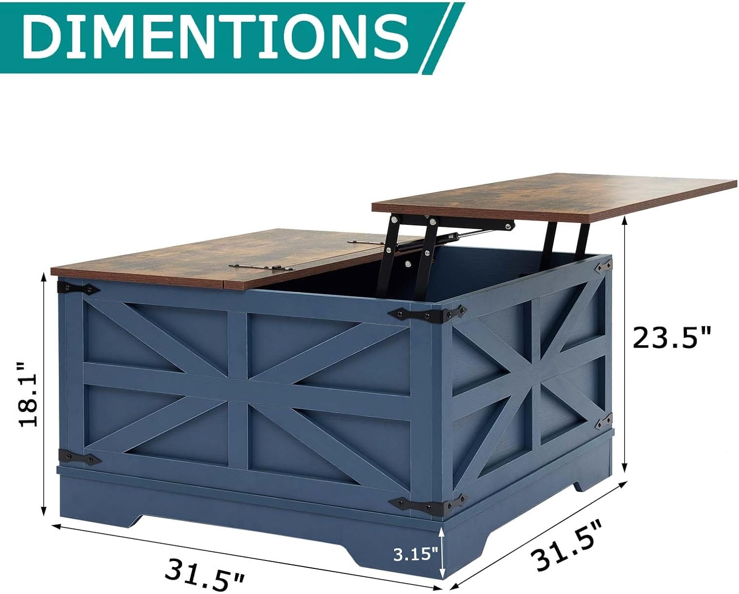 Blue Coffee Table with Storage, Cocktail Table with Hinged Lift Top, Farmhouse Square Wood Center