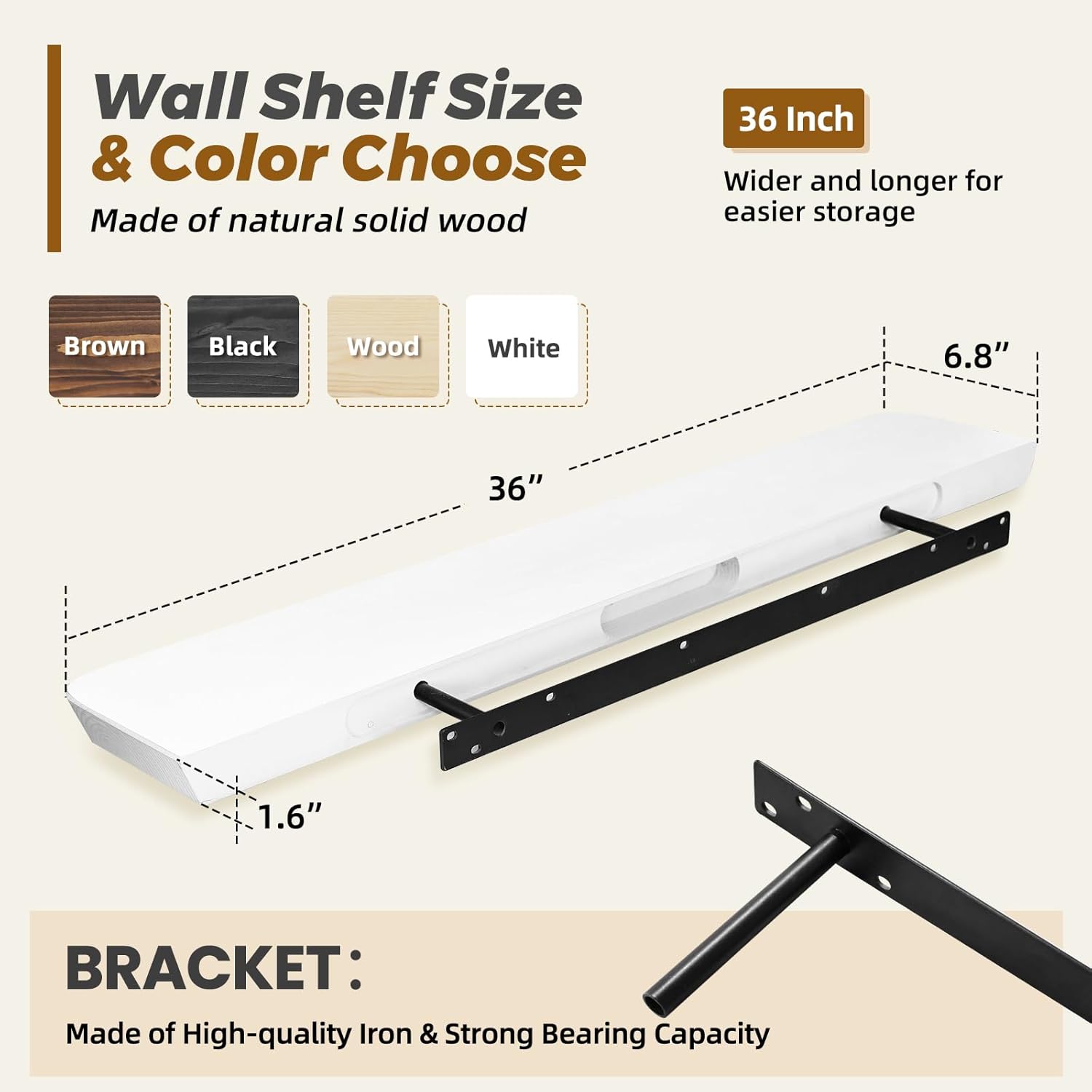 36"x6.8"x1.6" Slanted Floating Wall Shelves 2-Pack - Rustic White Finish, Heavy-Duty Solid Wood