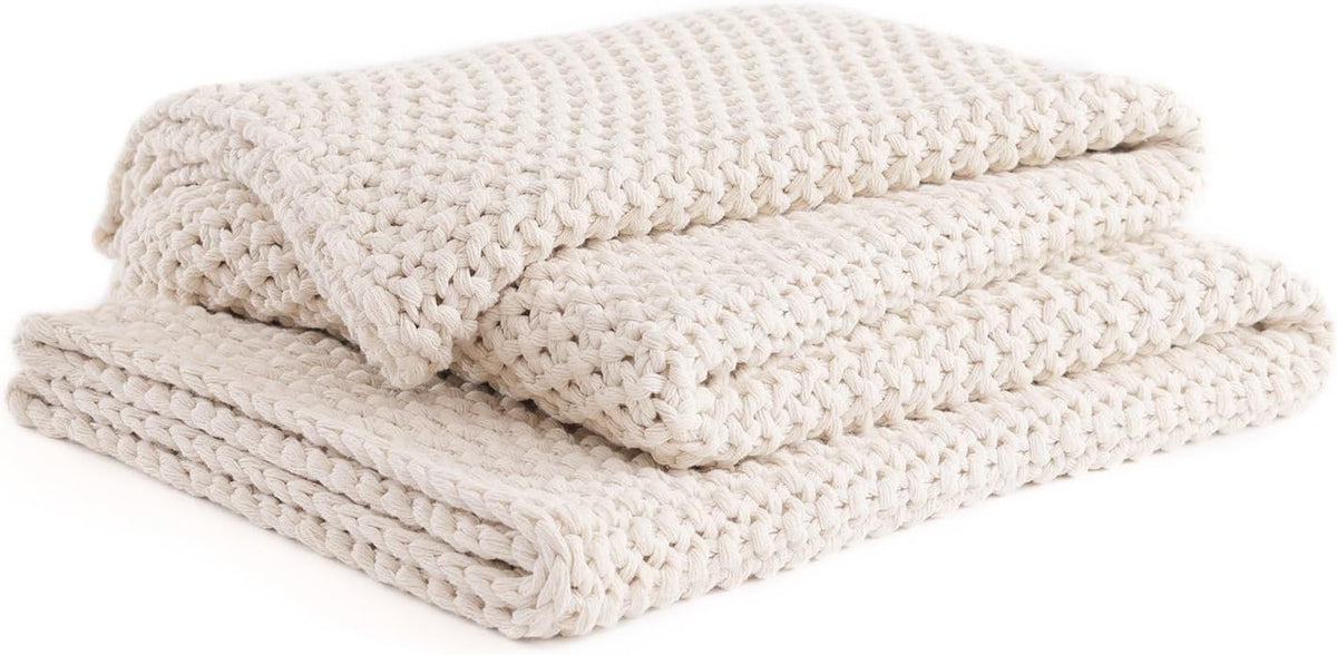 YnM Chunky Cotton Knit Throw Blanket, Cable Knit Throws for Bed Couch Sofa, Comfy & Relaxing