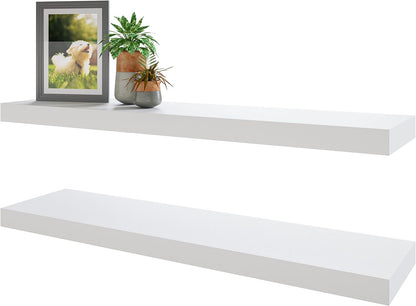 BAMEOS Floating Shelves, 35 in W x 7in D White Wall Mounted Wooden Shelves with Invisible Brackets