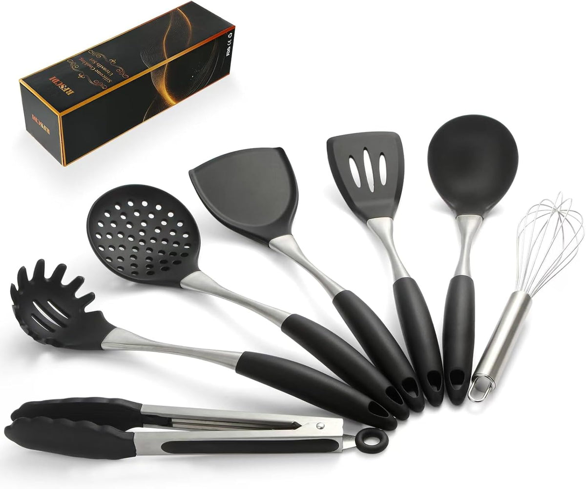 Premium Black Silicone Cooking Utensils Set - Non-Toxic, Heat Resistant& Non-Stick Kitchen Utensils