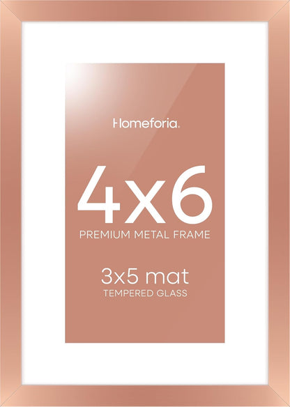 Homeforia Rose Gold 4x6 Picture Frame, High End Metal 4 x 6 Frames with Mat 3 x 5 for Print, 4by6