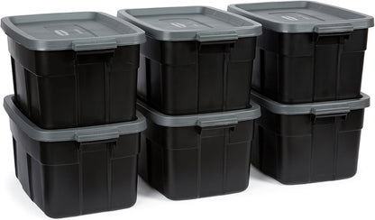 Rubbermaid Roughneck Tote 14 Gal, 6 Pack, Made in USA, Black & Gray, Rugged Plastic Stackable