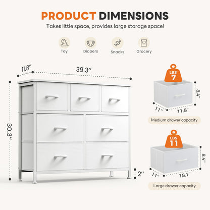 Sweetcrispy 7 Drawer Dresser for Bedroom Storage with Fabric Bins, White