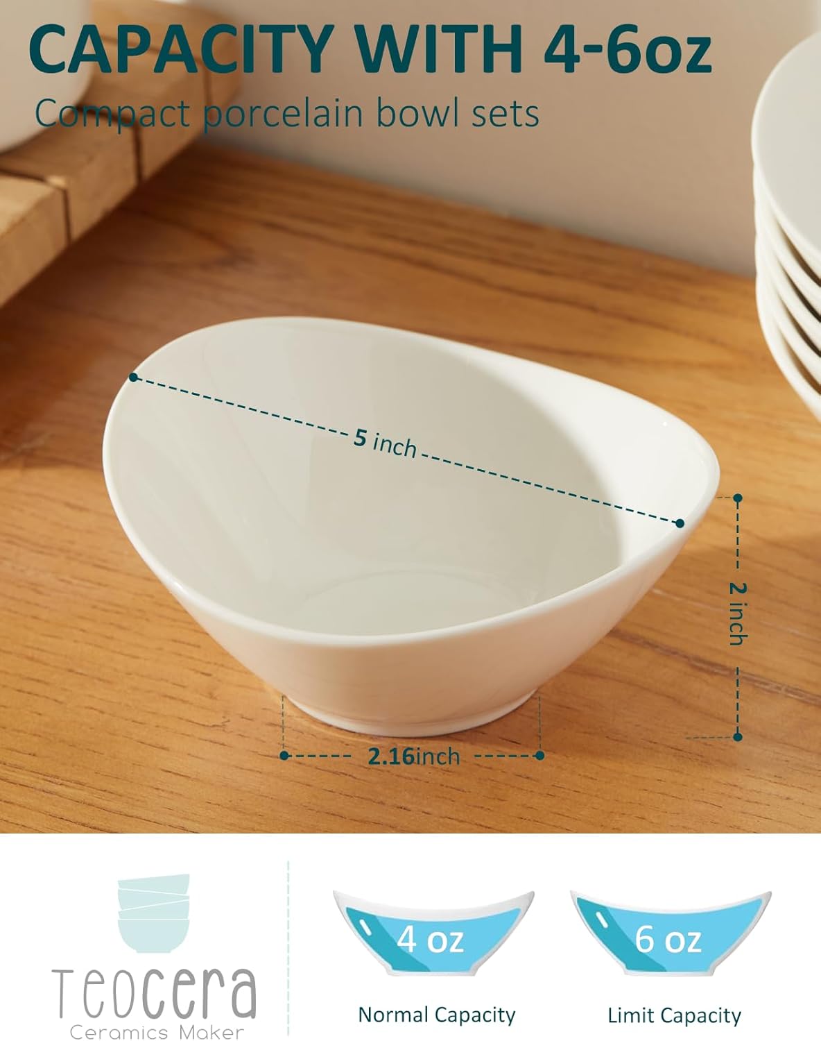 Teocera 5 Inch Porcelain Small Bowls Set, 6 Ounce small serving bowls for Dessert, Ice Cream
