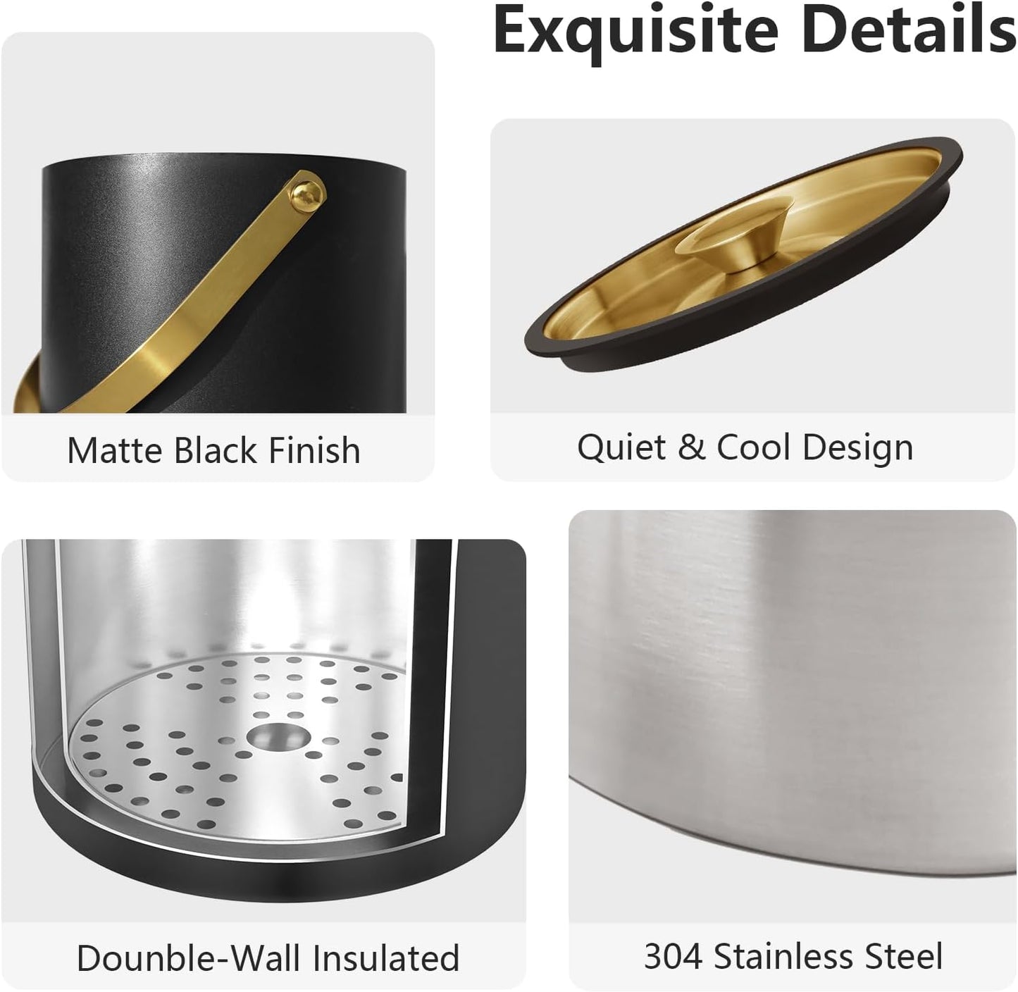 4L Ice Bucket with Silicone Lid, Scoop, Gold Tongs & Strainer, Stainless Steel Double Wall