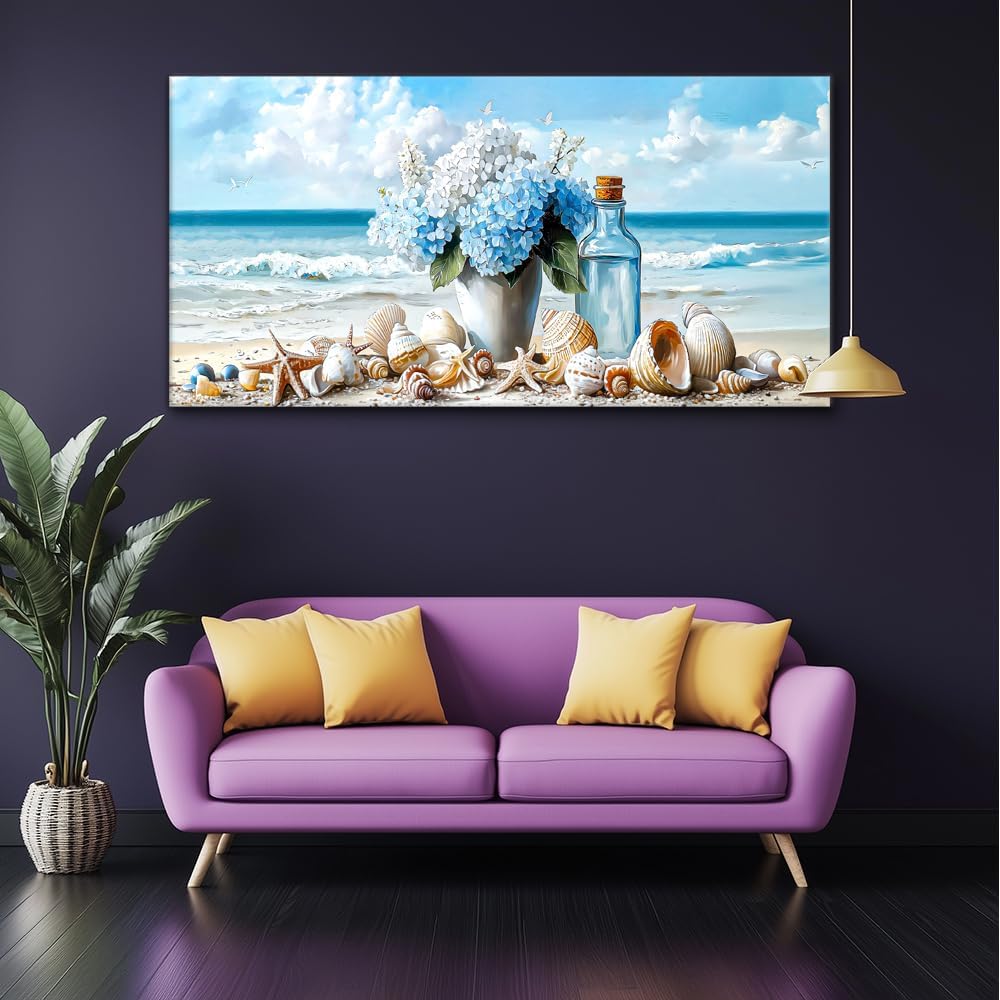 LASMOND Romantic Beach Wall Art for Living Room Blue Shells Conch Vase Canvas Prints Modern Large