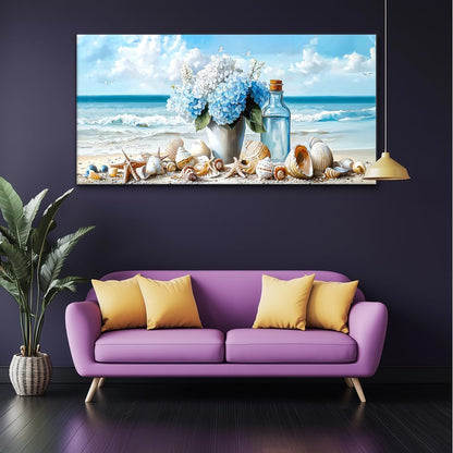 LASMOND Romantic Beach Wall Art for Living Room Blue Shells Conch Vase Canvas Prints Modern Large