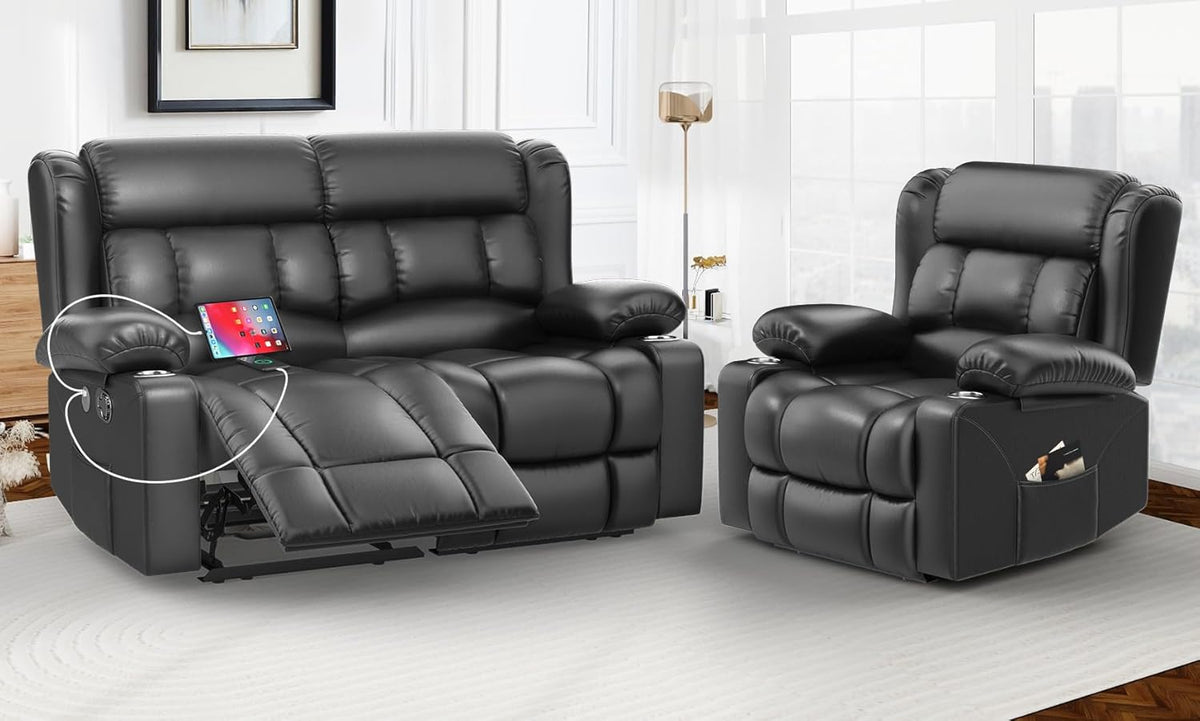 Loveseat Recliner Sofa Set with 2+1 Pieces, 2 Seater Minimalist Style Manual Pull Tab Reclining