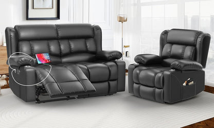 Loveseat Recliner Sofa Set with 2+1 Pieces, 2 Seater Minimalist Style Manual Pull Tab Reclining