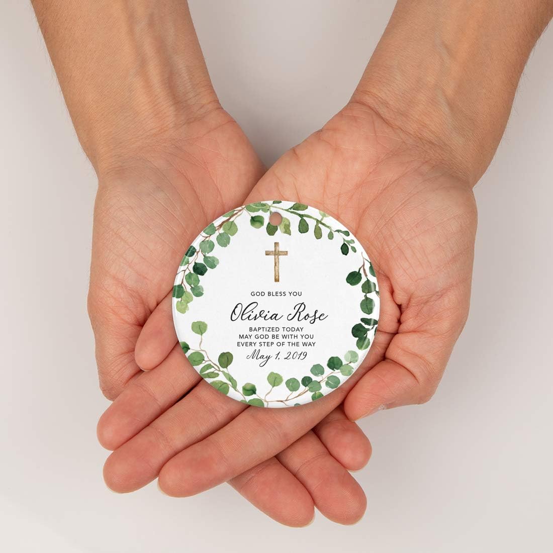 Andaz Press Personalized Round Ceramic Porcelain Christmas Ornament Gift, God Bless You Olivia Rose