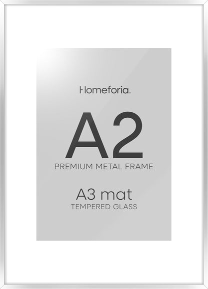 Homeforia A2 Poster Frame Silver, High End Metal A2 Picture Frames Silver with Mat A3 Print