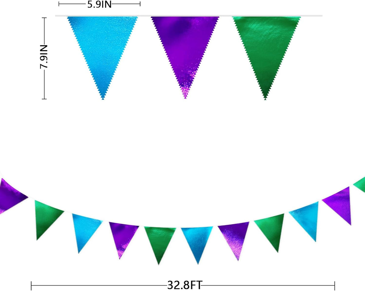 Blue Green Purple Party Decorations Metallic Fabric Triangle Pennant Banner Flag Bunting for Men