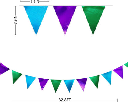 Blue Green Purple Party Decorations Metallic Fabric Triangle Pennant Banner Flag Bunting for Men