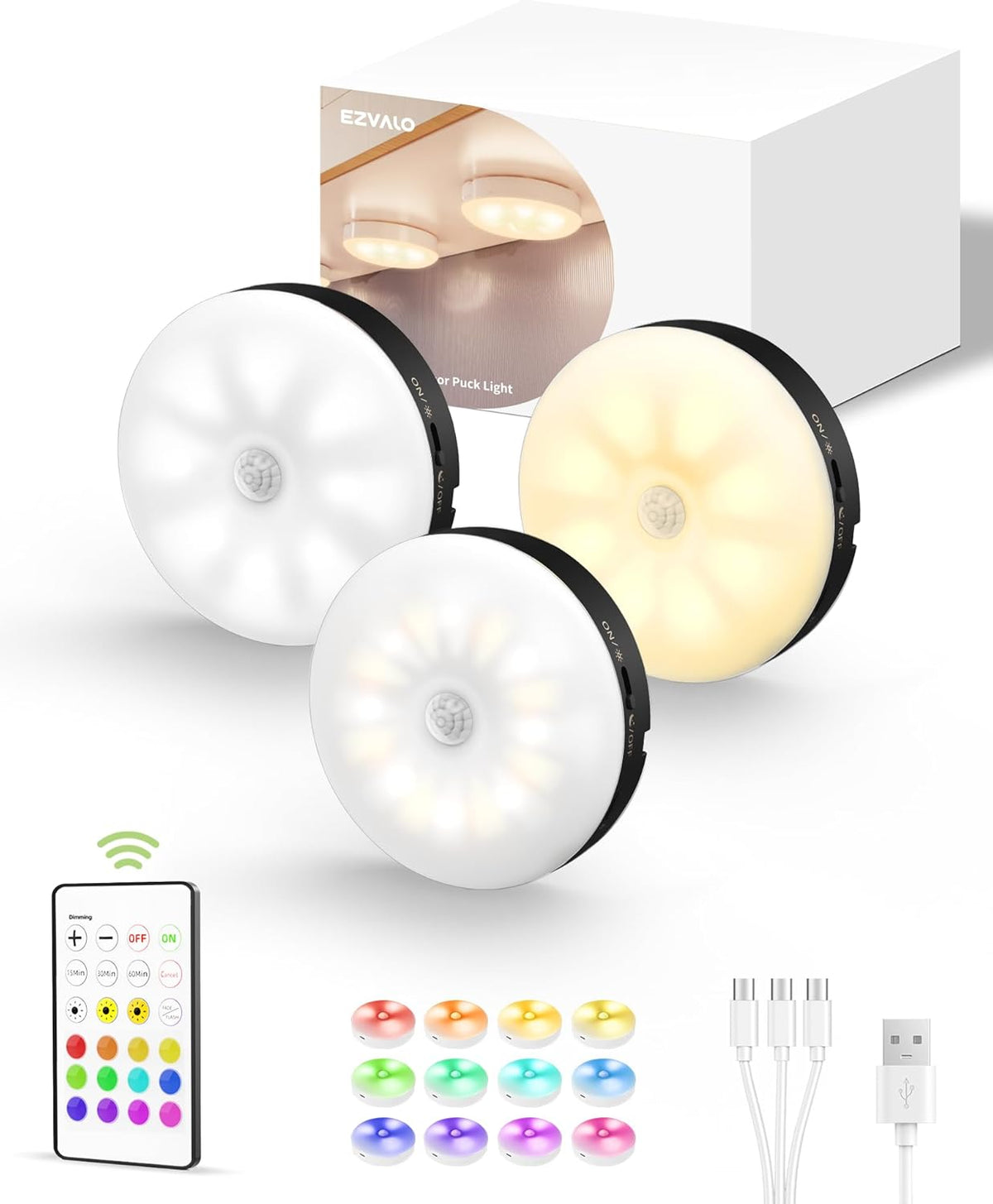 EZVALO Under Cabinet Lighting,1000mAh Rechargeable Puck Lights with Remote,3 Color Temps & 12 RGB