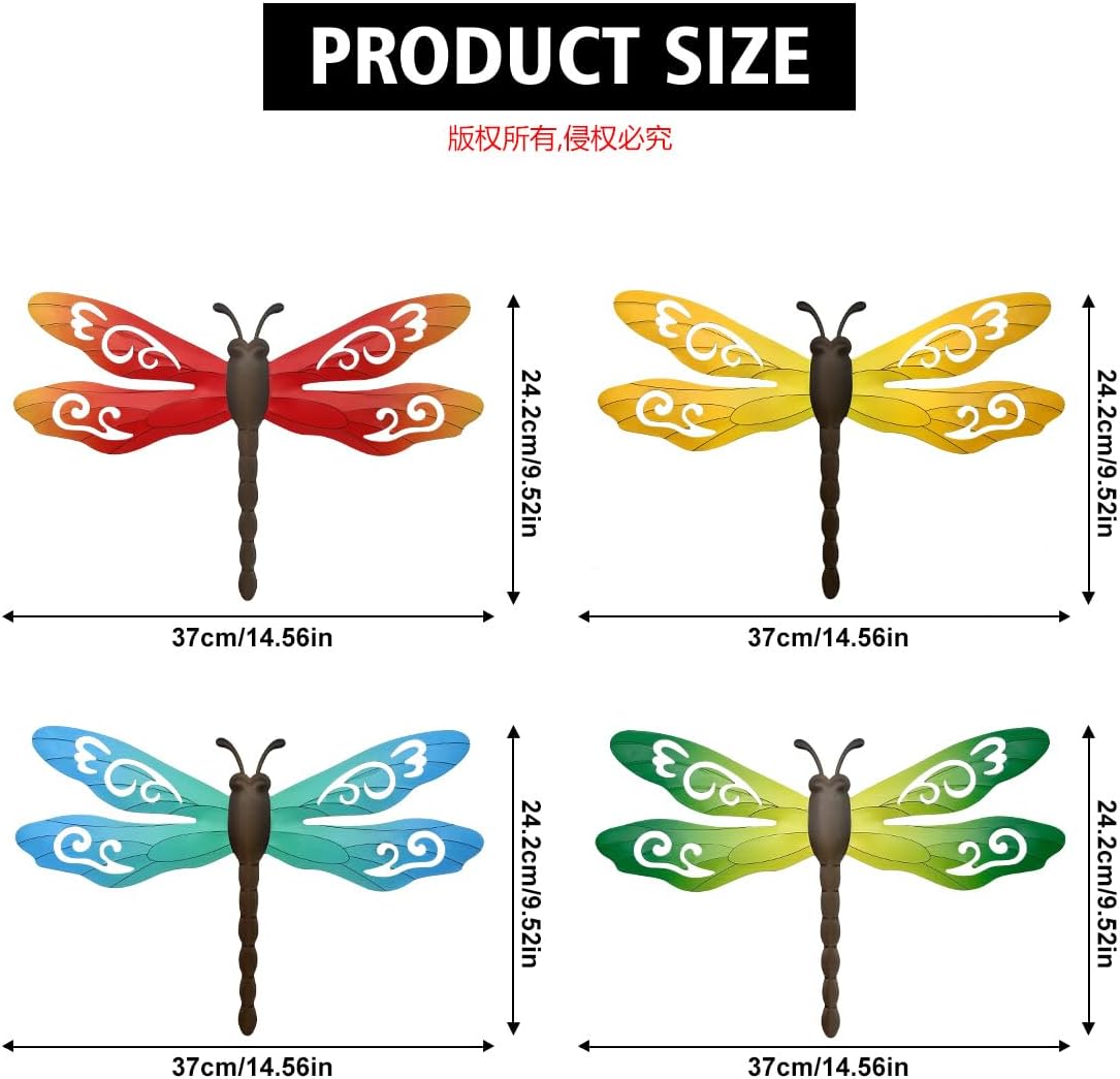 Metal Dragonfly Wall Decor, 4 Pack 14inch Metal Dragonfly Wall Hanging Sculpture Decor for Outdoor