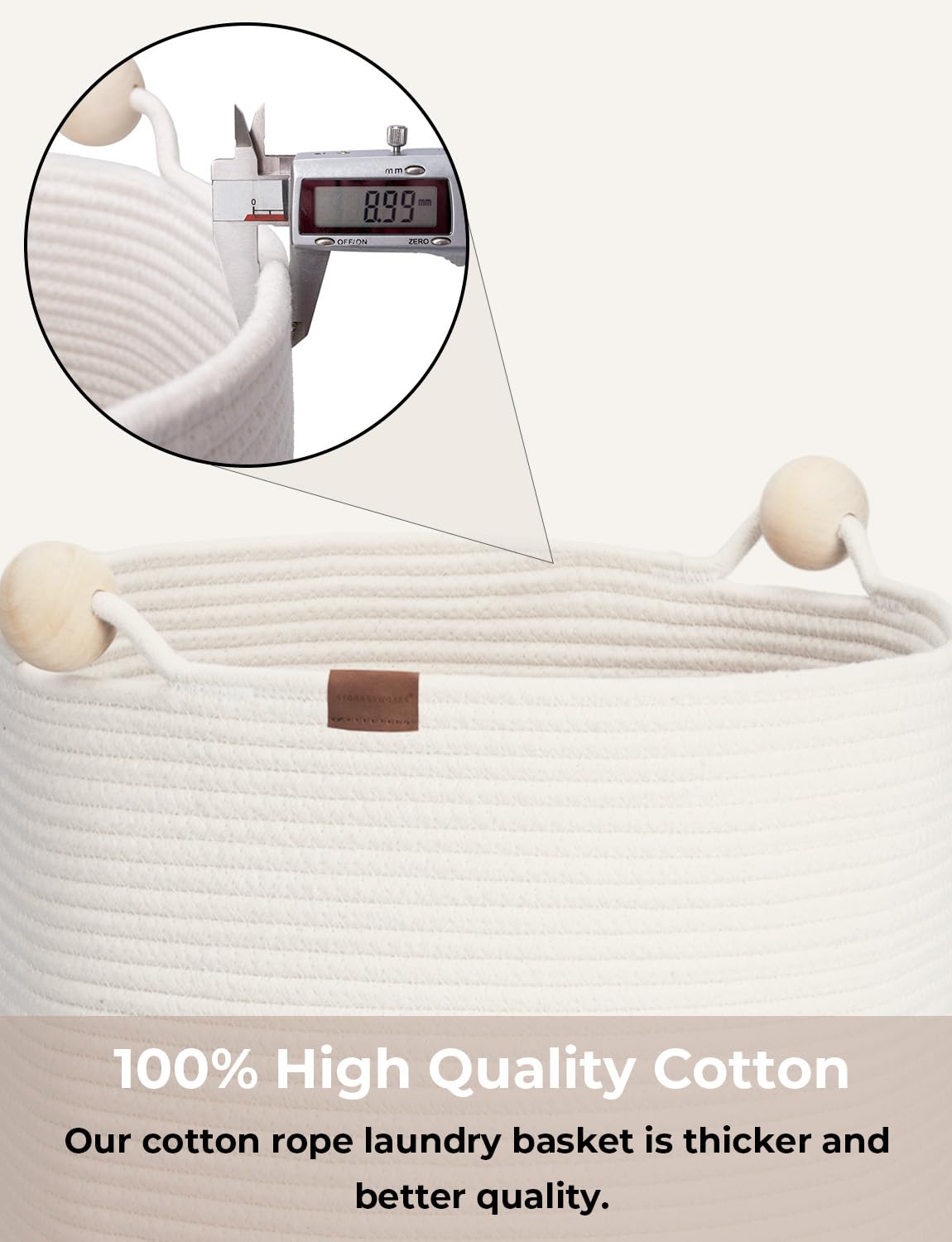 StorageWorks 72L Cotton Rope Laundry Basket with Wooden Beads Handles, Woven Basket for Storage