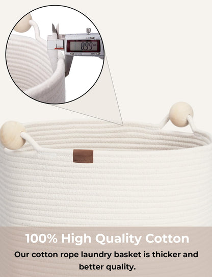StorageWorks 72L Cotton Rope Laundry Basket with Wooden Beads Handles, Woven Basket for Storage