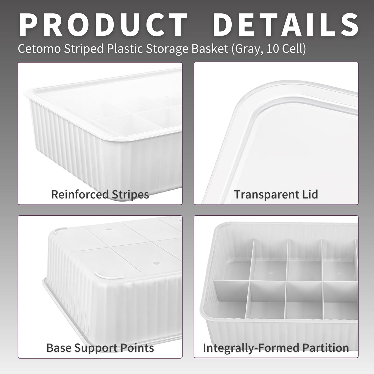 Cetomo 10 Cells Plastic Underwear Sock Drawer Organizer with Lid, Lidded Storage Box with Dividers