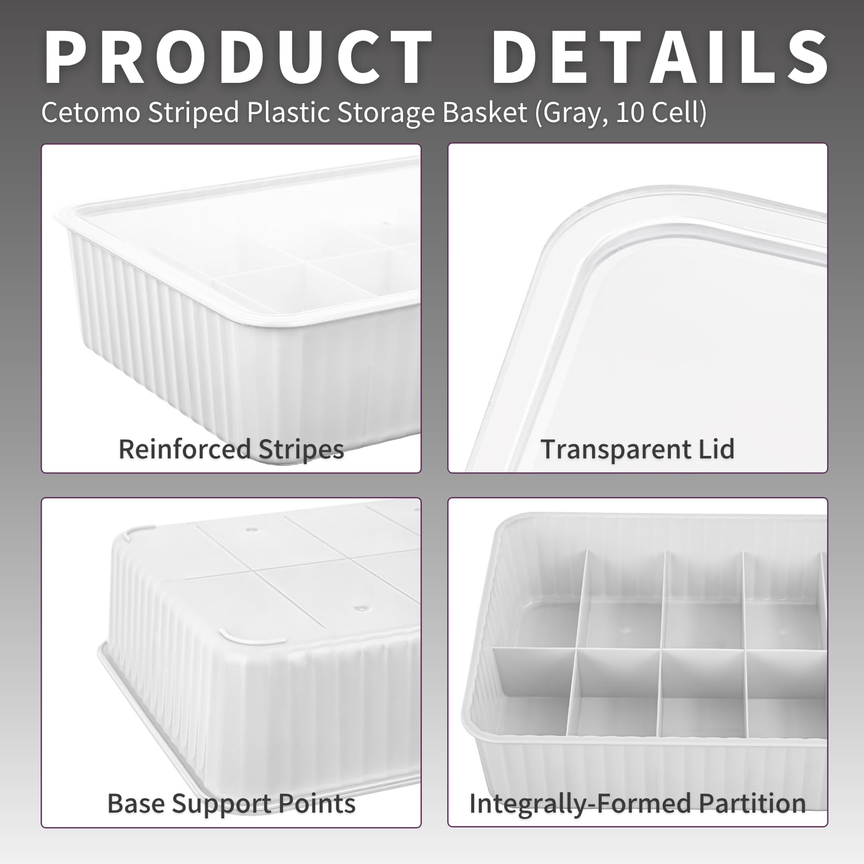 Cetomo 10 Cells Plastic Underwear Sock Drawer Organizer with Lid, Lidded Storage Box with Dividers