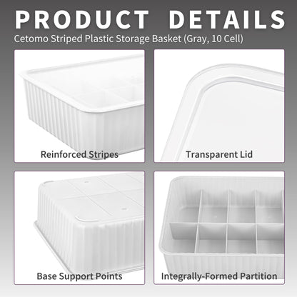 Cetomo 10 Cells Plastic Underwear Sock Drawer Organizer with Lid, Lidded Storage Box with Dividers