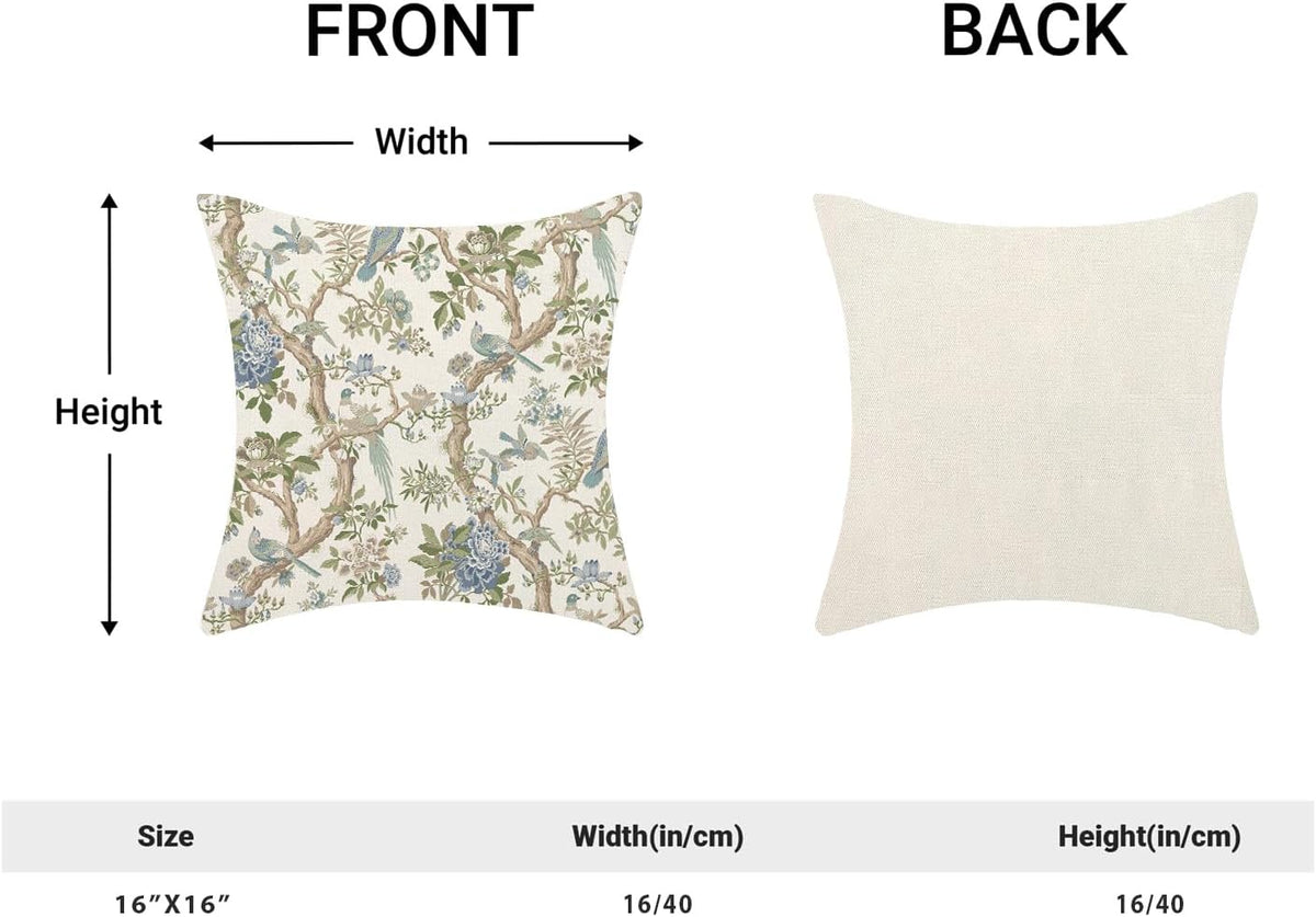 CXMEIFLY Chinoiserie Spring Pillow Covers 16 x 16 Inch Set of 2 for Blue Sage Green Vintage Flowers