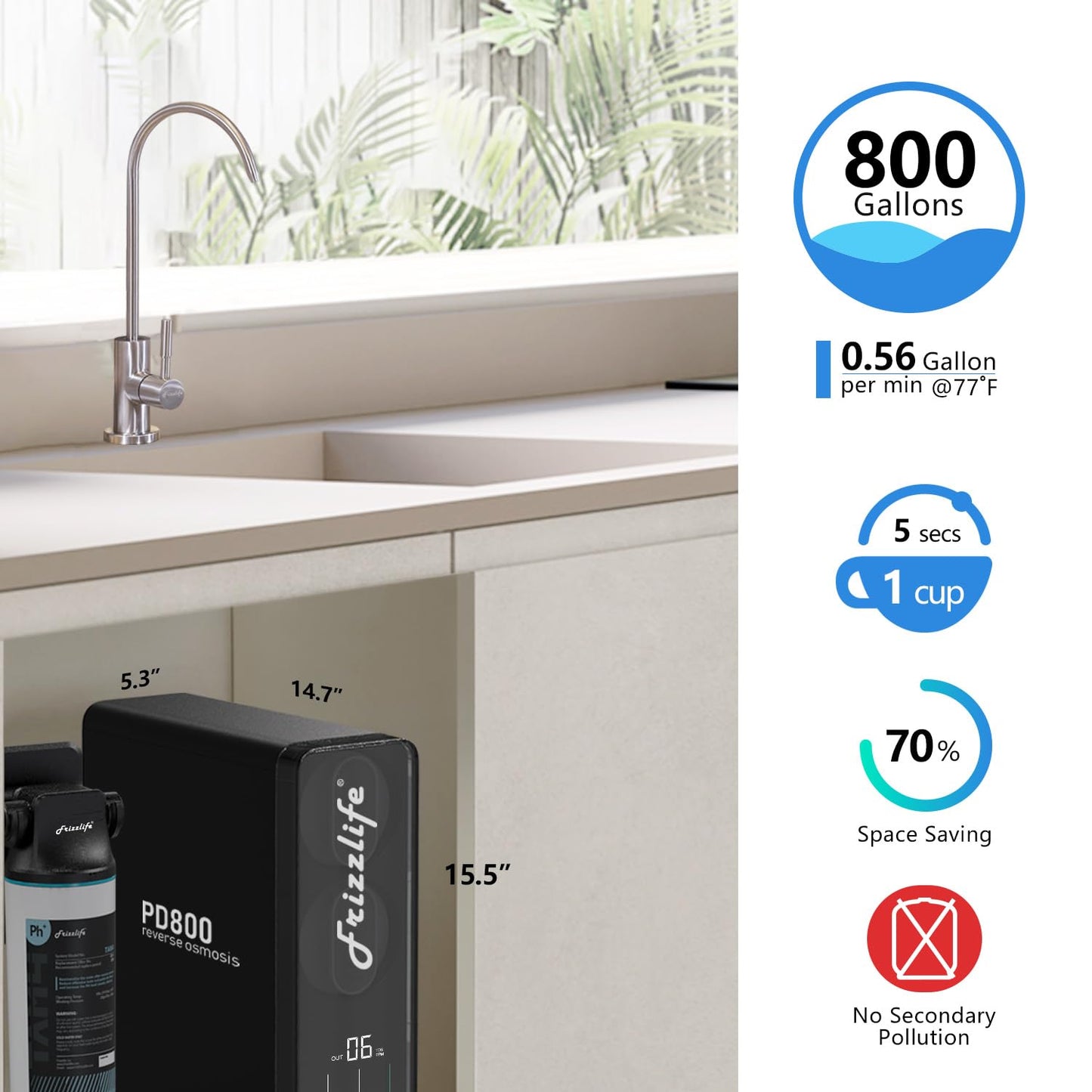 Frizzlife 800GPD Reverse Osmosis Water Filter, Alkaline Mineral pH+ Reverse Osmosis System, 9-Stage