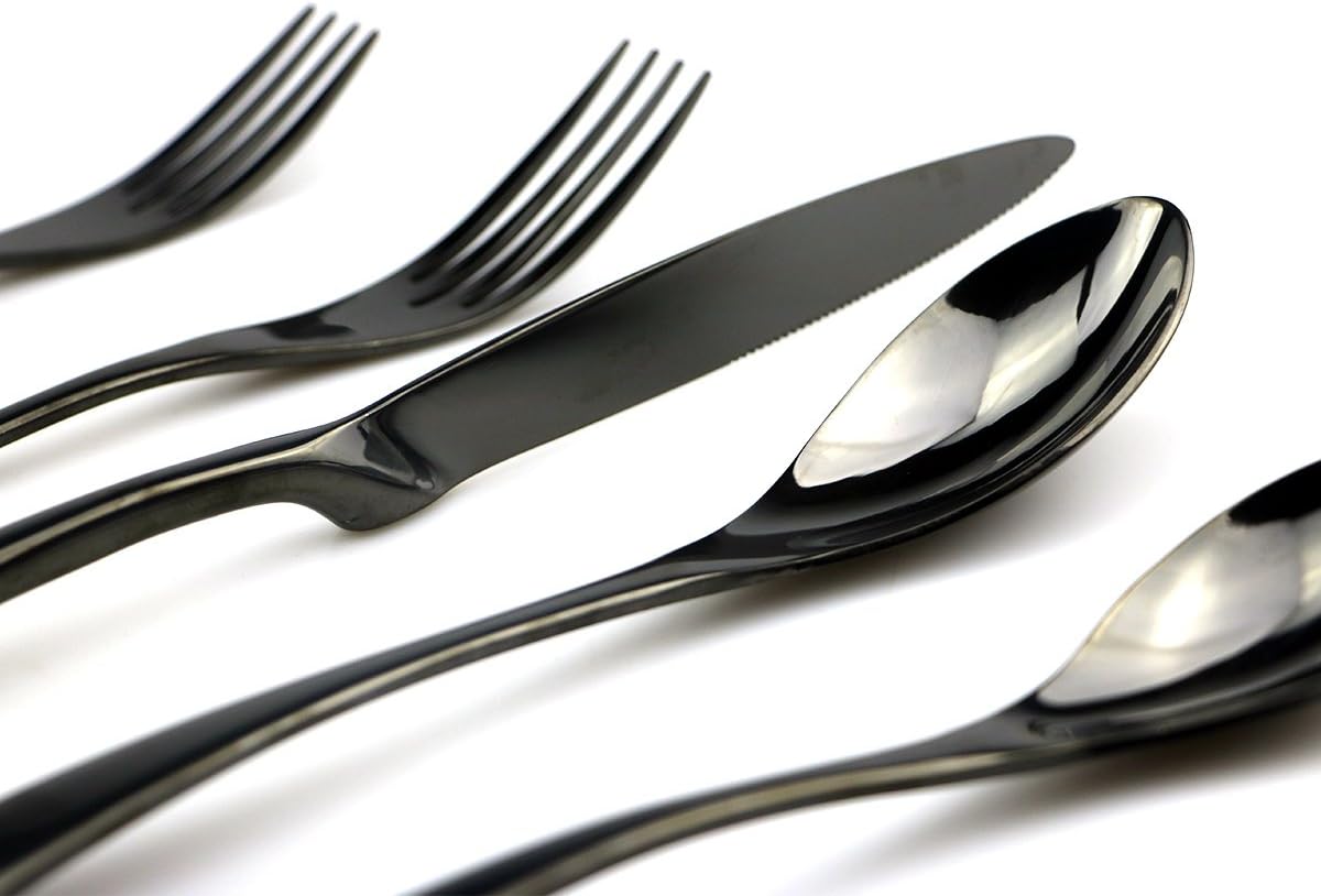 JASHII 18/10 Stainless Steel 20 Piece Mirror Polished Black Flatware Set,Dinner Knife Fork Salad
