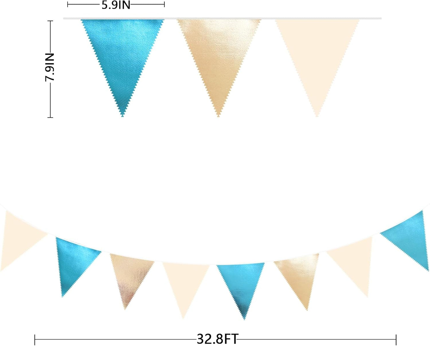Champagne Gold Sky Blue Beige Decorations Metallic Fabric Triangle Pennant Banner Bunting Flag