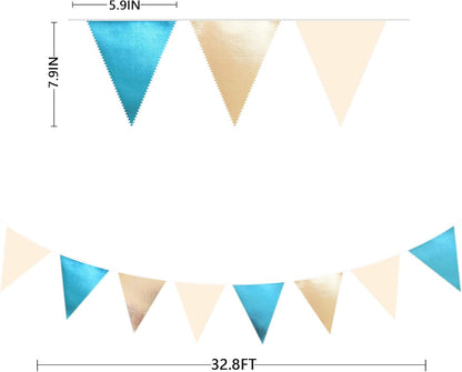 Champagne Gold Sky Blue Beige Decorations Metallic Fabric Triangle Pennant Banner Bunting Flag