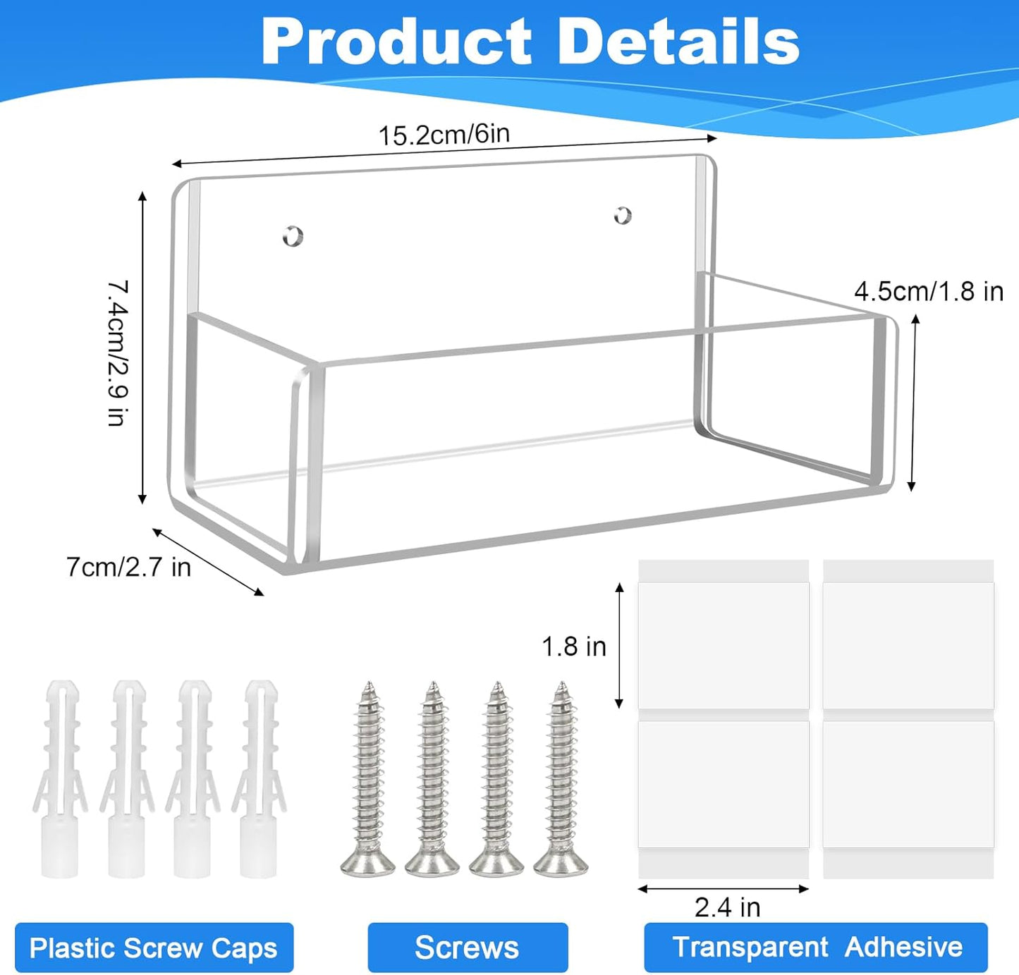 Acrylic Spice Rack Wall Mount-6 Inch, Clear Spice Shelf Storage Holder, 4 Pack Hanging Seasoning
