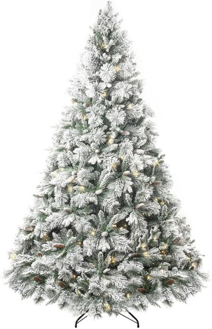 Naomi Home 7.5ft Snow Flocked Christmas Tree with Lights,Realistic Frosted Pine Prelit with Pine