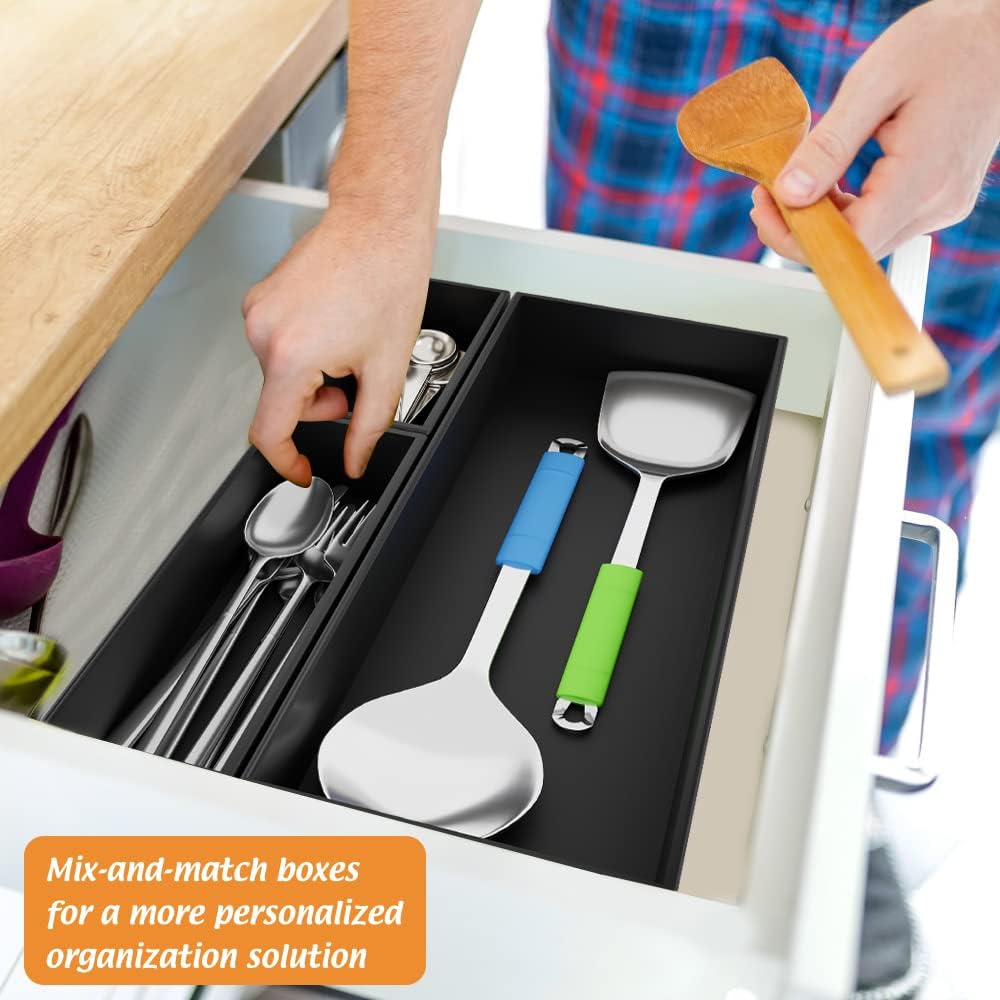 Black Bamboo Drawer Organizer - Silverware&Utensil Holder Organizer for Kitchen Drawers, Multi-Use