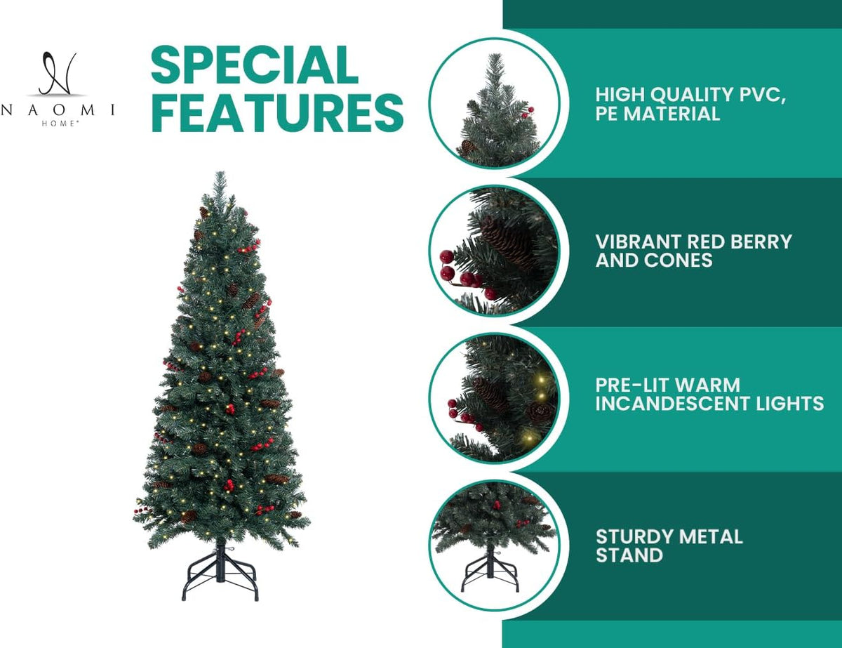Naomi Home Belen 7.5ft Pencil Christmas Tree Prelit pre-Decorated with Pine Cones, Red Berries