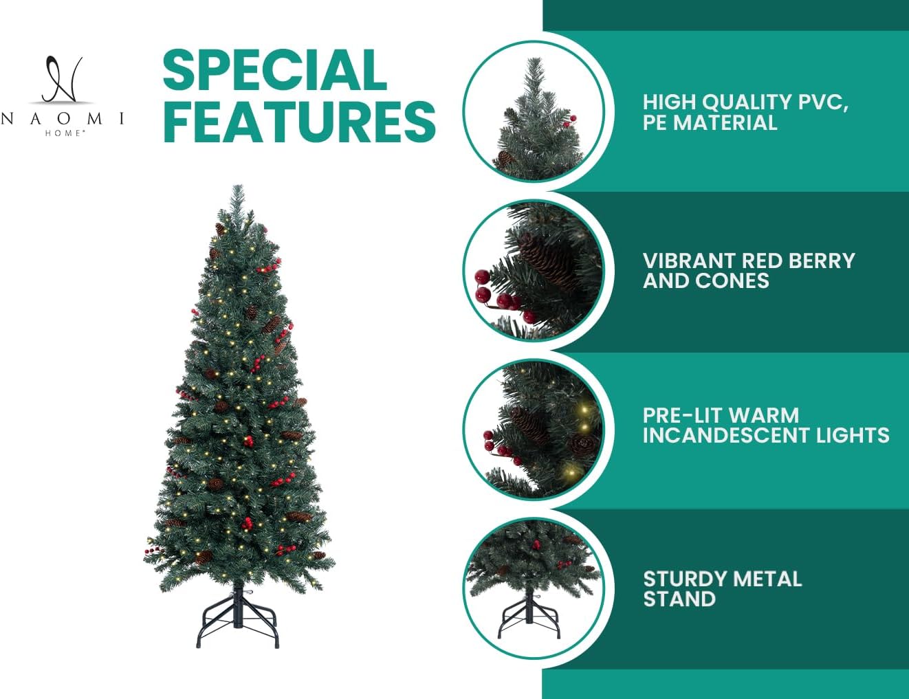 Naomi Home Belen 9ft Pencil Christmas Tree Prelit pre-Decorated with Pine Cones, Red Berries, 1457
