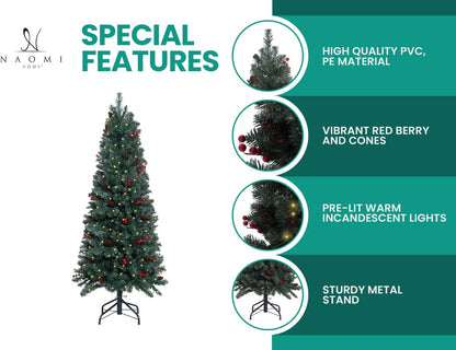 Naomi Home Belen 9ft Pencil Christmas Tree Prelit pre-Decorated with Pine Cones, Red Berries, 1457