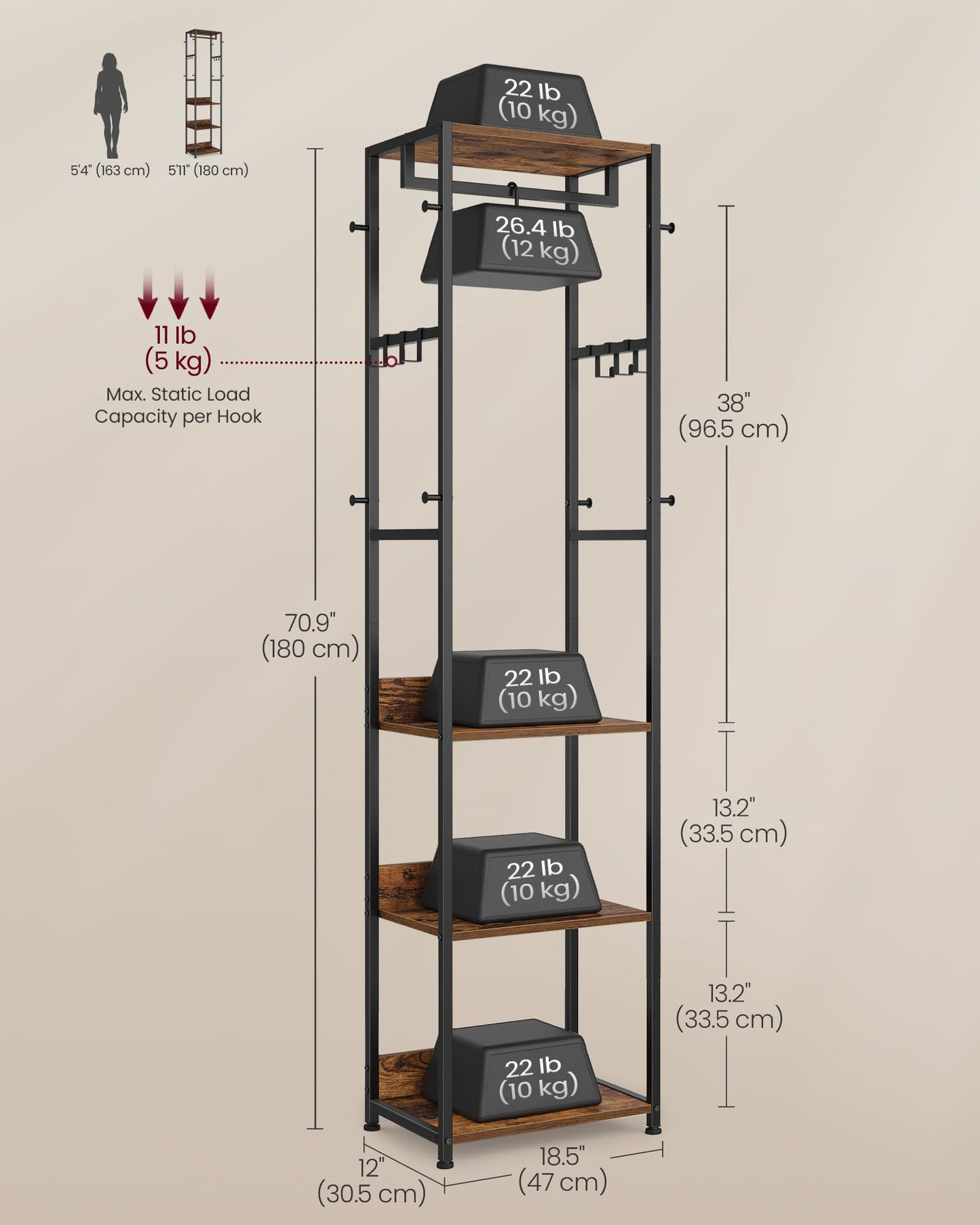 VASAGLE Coat Rack, Freestanding Hall Tree with Shelves, Hanging Rail, and Hooks, Space-Saving Coat