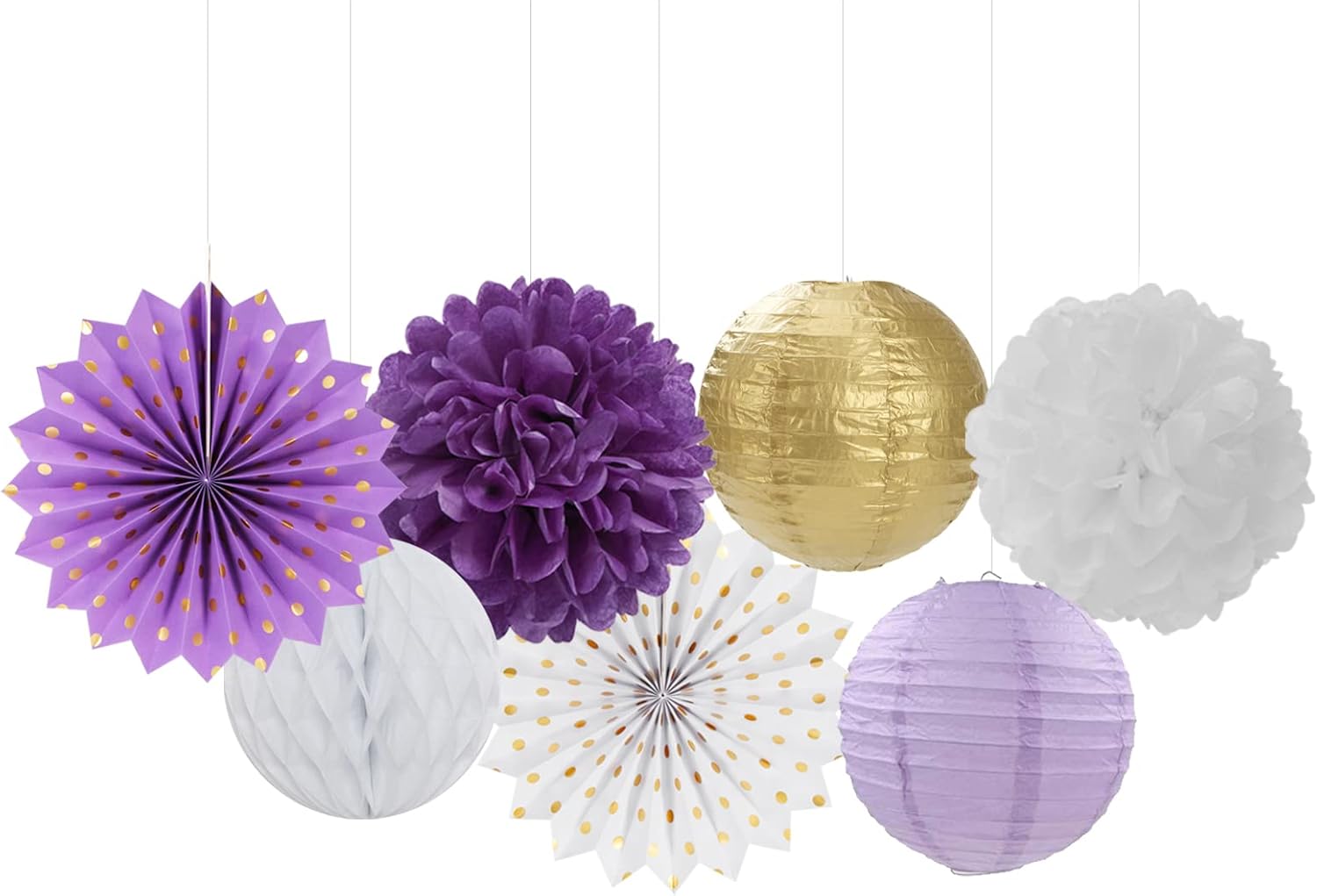 Purple-Gold Party Decorations Streamers Lanterns - 14pcs White Lavender Paper Fan Graduation Woman