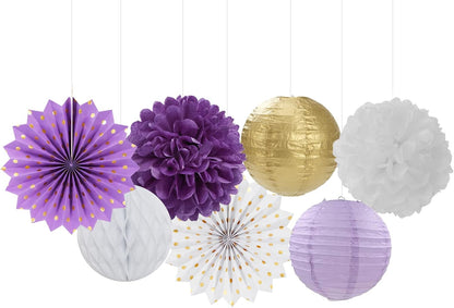 Purple-Gold Party Decorations Streamers Lanterns - 14pcs White Lavender Paper Fan Graduation Woman