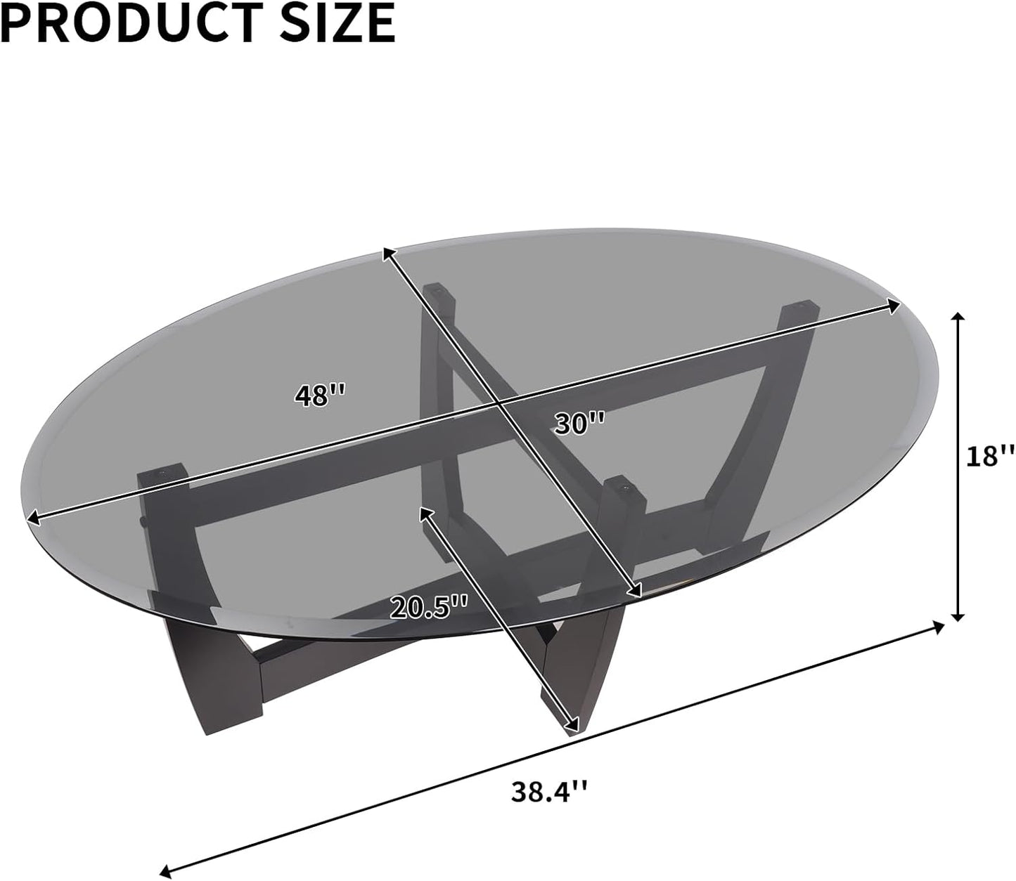 48" Oval Glass Coffee Table with Black Tempered Glass Top Cross and Solid Wood Base Simple & Modern