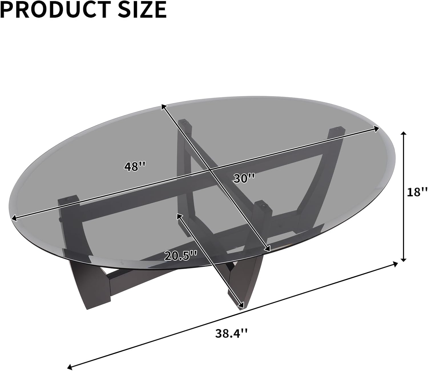48" Oval Glass Coffee Table with Black Tempered Glass Top Cross and Solid Wood Base Simple & Modern