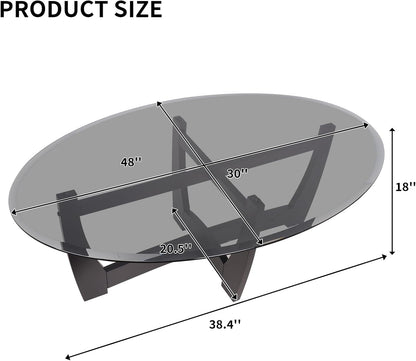 48" Oval Glass Coffee Table with Black Tempered Glass Top Cross and Solid Wood Base Simple & Modern