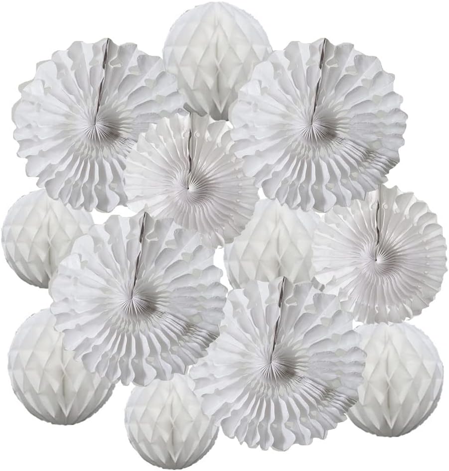 12pcs White Honeycomb Balls Tissue Paper Fans Party Honeycomb Ball Fans wall Decorations Tissue Pom