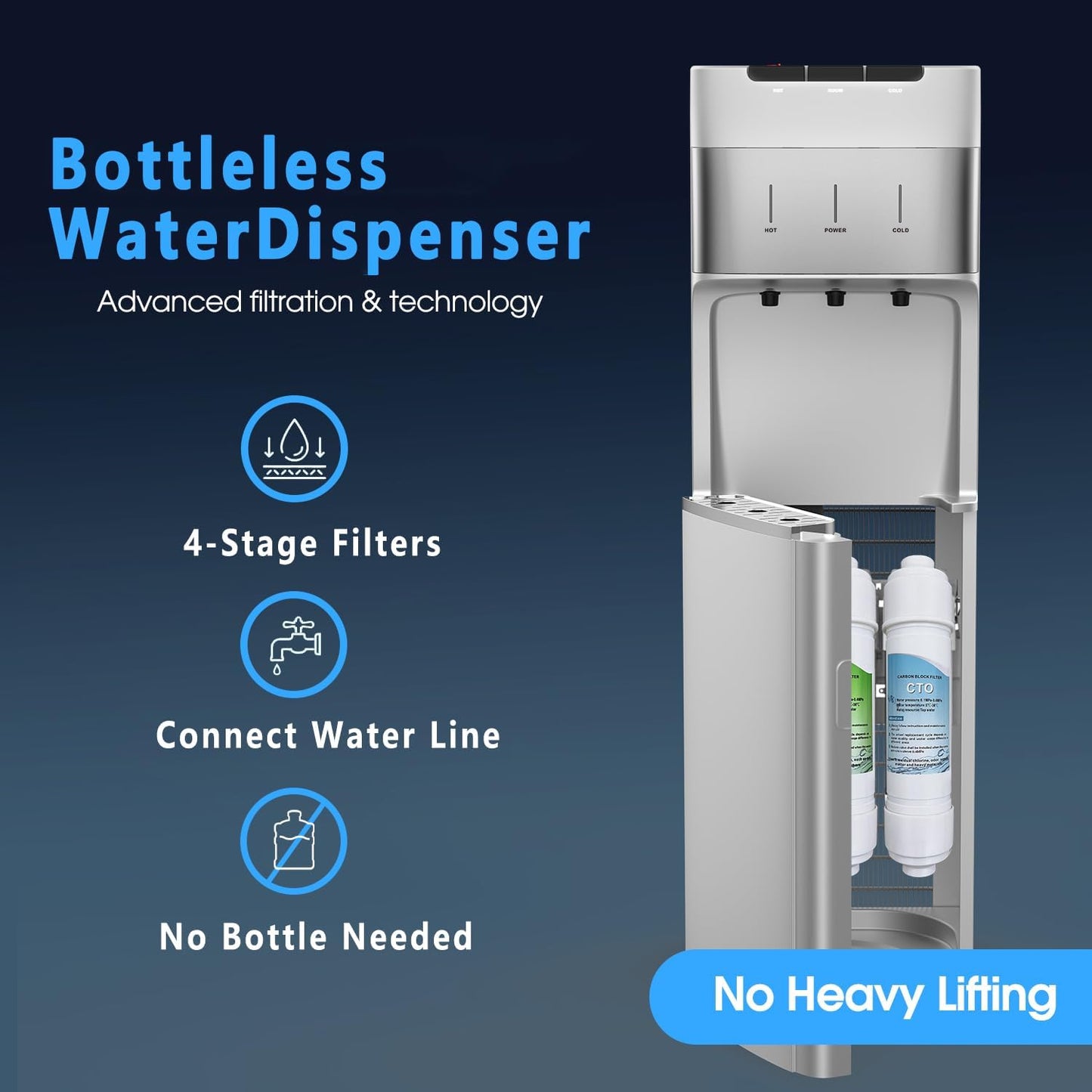 Self Cleaning Bottleless Water Cooler Dispenser with 4 Stage Water Filter 3 Temperature Settings