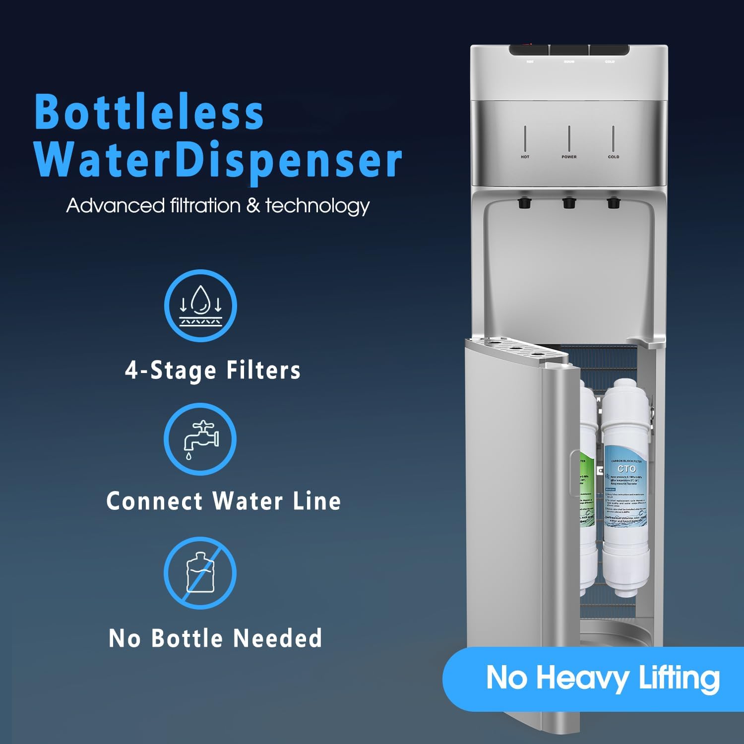 Self Cleaning Bottleless Water Cooler Dispenser with 4 Stage Water Filter 3 Temperature Settings