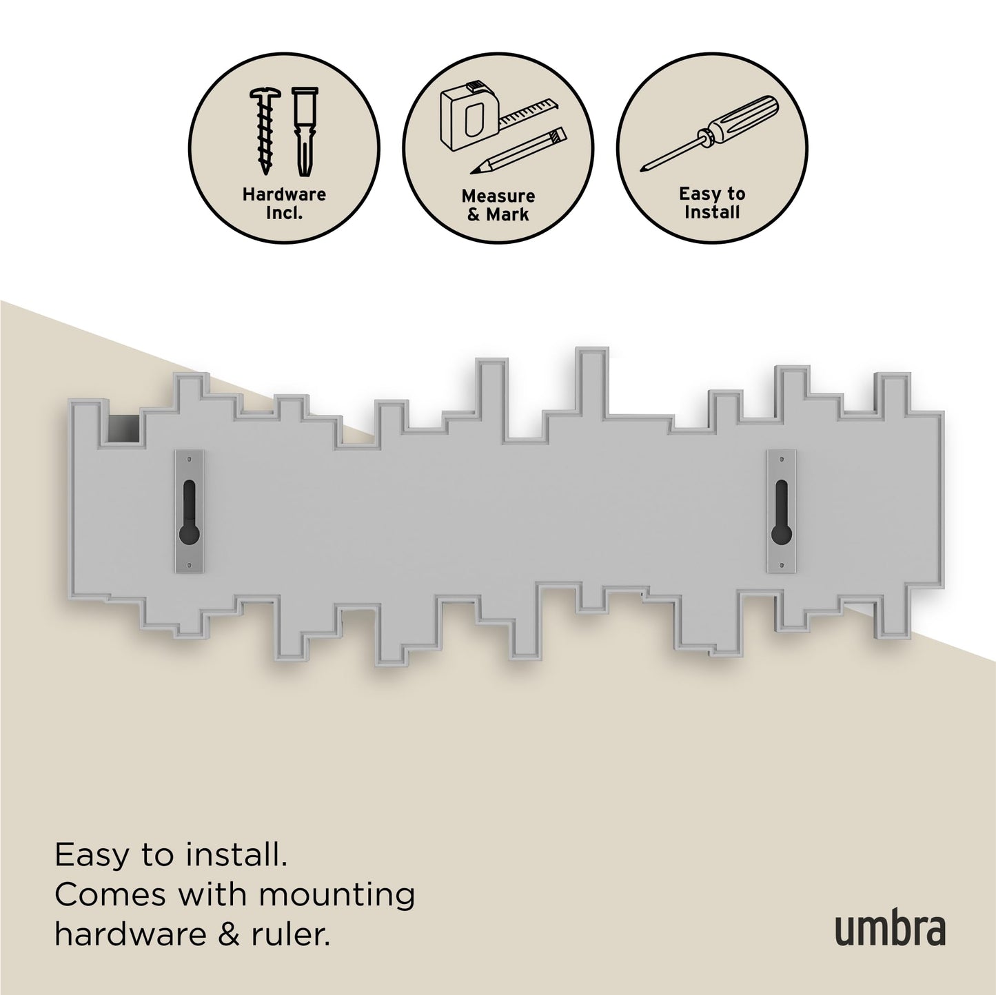 Umbra Sticks Wall Mount Coat Rack, 5 Hook Retractable Pegs, Grey