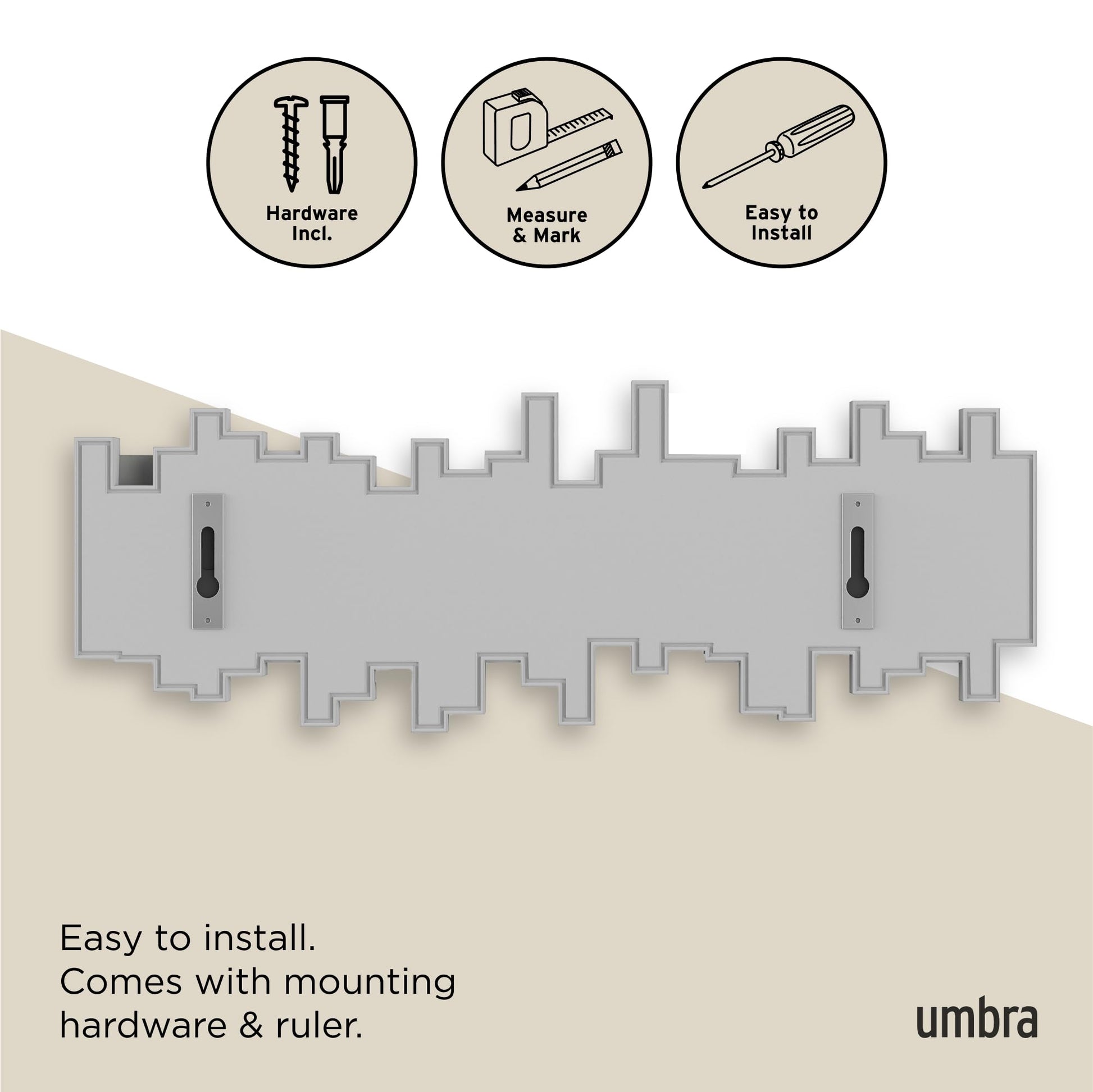 Umbra Sticks Wall Mount Coat Rack, 5 Hook Retractable Pegs, Grey