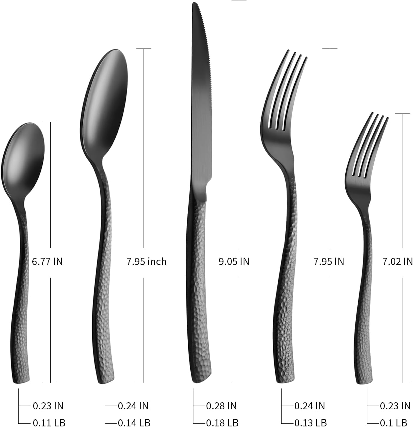 Silverware 45-Piece Matte Black Hammered Flatware Set with Serving Utensils, Stainless Steel Thick